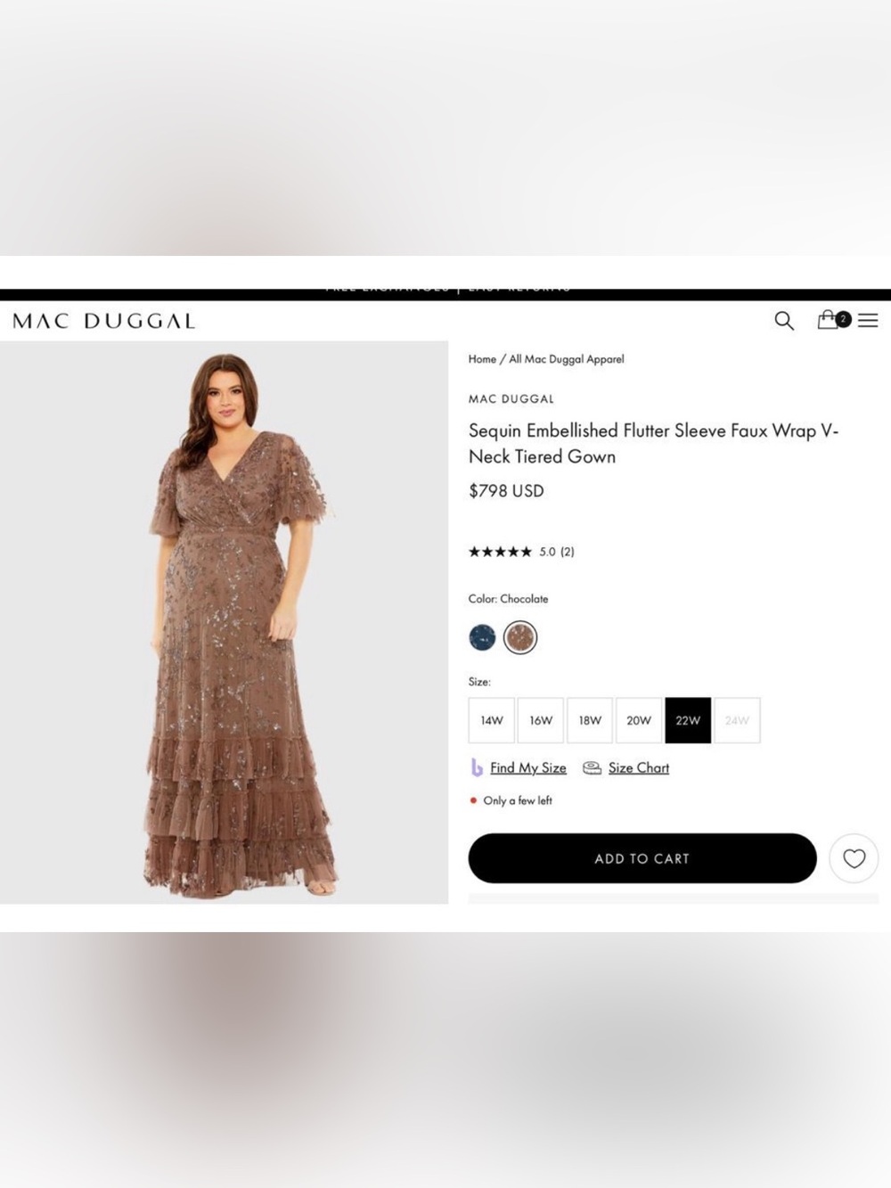 ✨NWT Mac Duggal Chocolate Sequin Flutter Sleeve Faux Wrap Tiered Gown